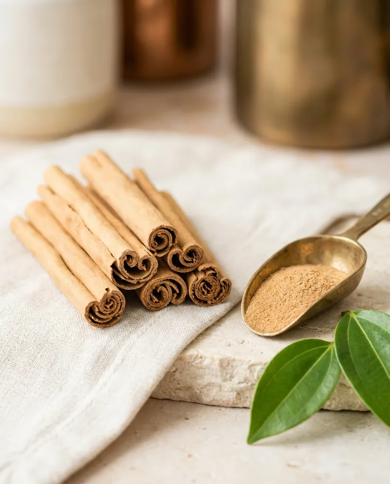Thin, multi-layered Ceylon cinnamon quills with cinnamon powder and fresh leaves