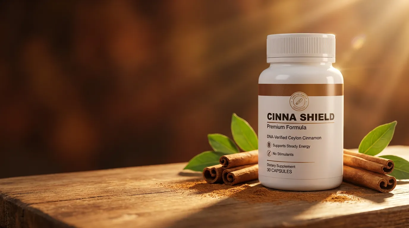Cinna Shield bottle on a wooden board with Ceylon cinnamon sticks and green leaves in golden sunlight