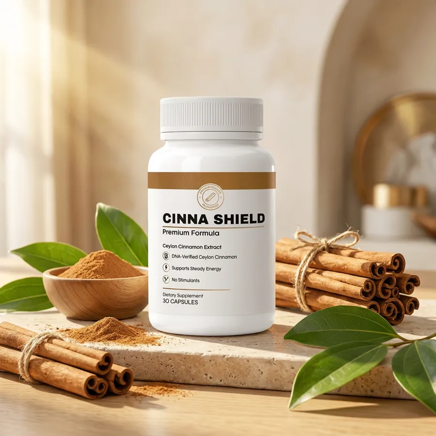 Cinna Shield bottle with Ceylon cinnamon sticks, cinnamon powder and fresh green leaves in warm sunlight